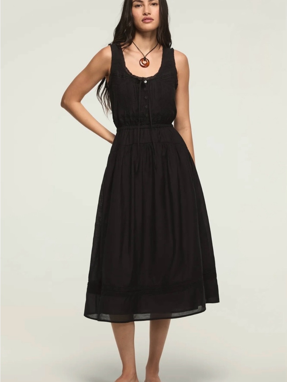 Lucky Brand Lace Inset Midi Dress in Caviar Black Size M